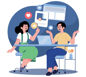 Dos personas hablando de las características del Starter pack de Estrategia para empresas B2B de Eme y Eme